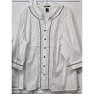 Autograph Woman Boho Embroidered Ribbon Detail Collarless Button Up Blouse SZ 3X